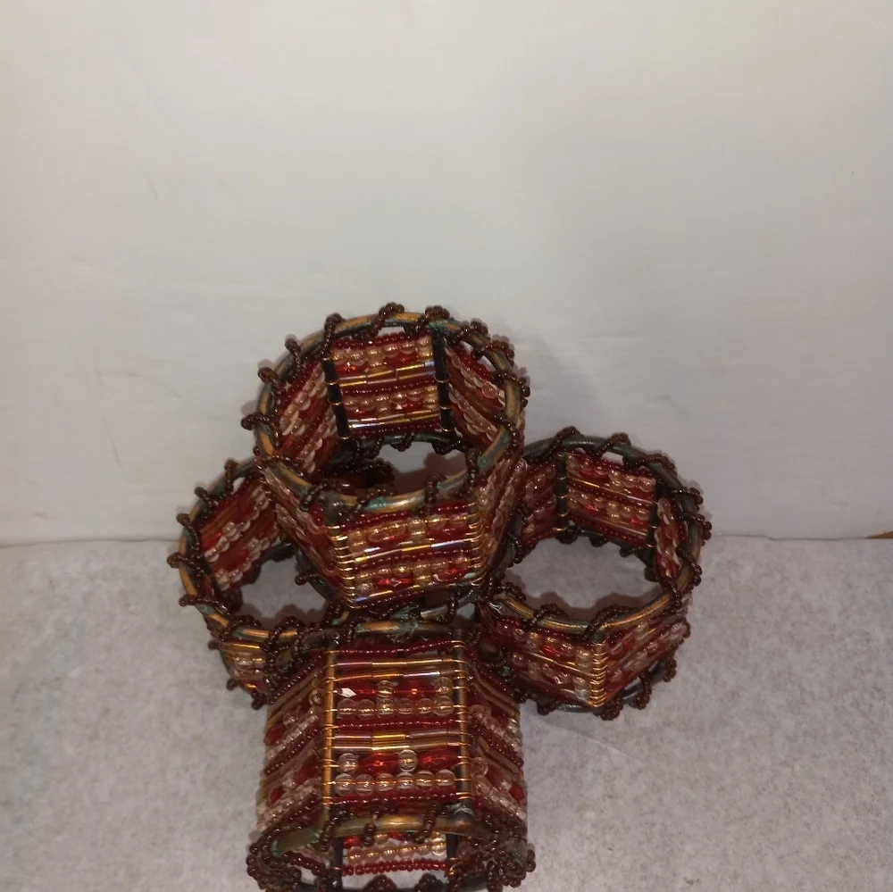 4 Vintage Napkin Rings Beaded on Copper Ruby Garnet and Clear